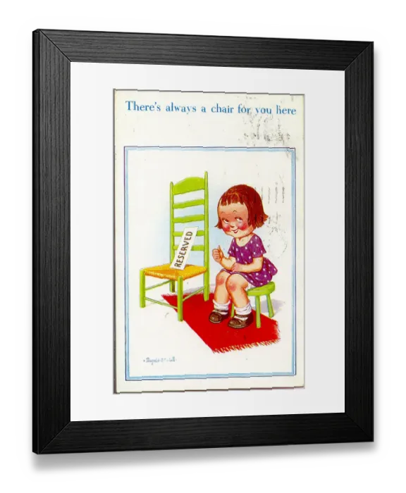 Framed Print : Comic postcard, Little girl with Reserved chair for a friend Date: 20th century Framed Print : Comic postcard, Little girl with Reserved chair for a friend Date: 20th century