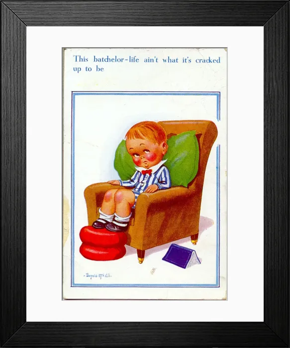 Framed Print : Comic postcard, Lonely boy sitting in an armchair Date: 20th century Framed Print : Comic postcard, Lonely boy sitting in an armchair Date: 20th century