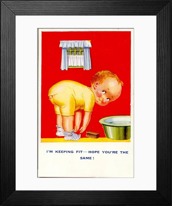 Framed Print : Comic postcard, Little boy keeping fit Date: 20th century Framed Print : Comic postcard, Little boy keeping fit Date: 20th century
