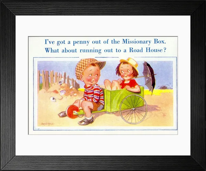 Framed Print : Comic postcard, Boy and girl with a go-kart Date: 20th century Framed Print : Comic postcard, Boy and girl with a go-kart Date: 20th century