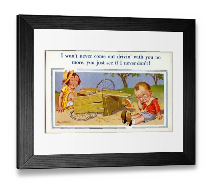 Framed Print : Comic postcard, Boy and girl, accident with a go-kart Date: 20th century Framed Print : Comic postcard, Boy and girl, accident with a go-kart Date: 20th century