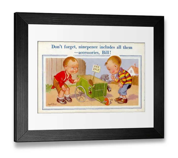 Framed Print : Comic postcard, Two boys, go-kart for sale Date: 20th century Framed Print : Comic postcard, Two boys, go-kart for sale Date: 20th century