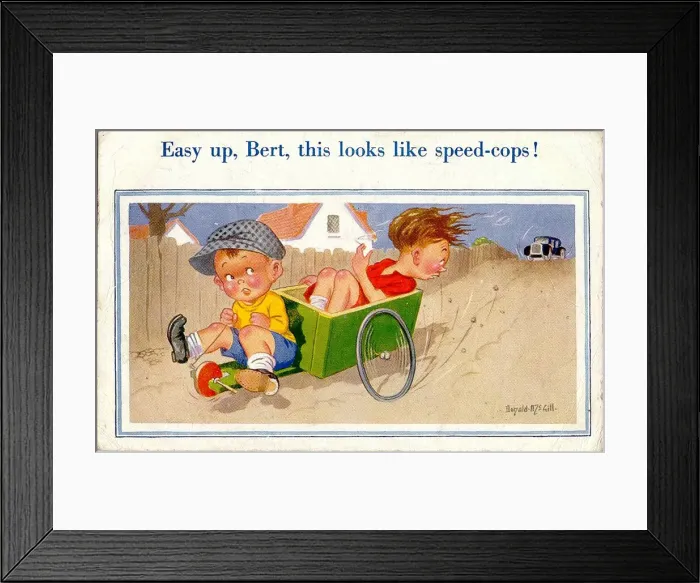 Framed Print : Comic postcard, Two boys speeding in a go-kart Date: 20th century Framed Print : Comic postcard, Two boys speeding in a go-kart Date: 20th century