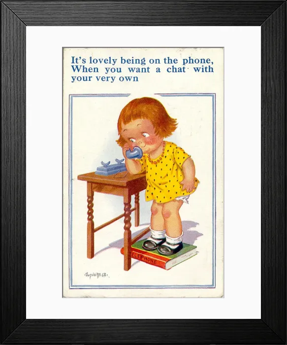 Framed Print : Comic postcard, Little girl on the phone Date: 20th century Framed Print : Comic postcard, Little girl on the phone Date: 20th century