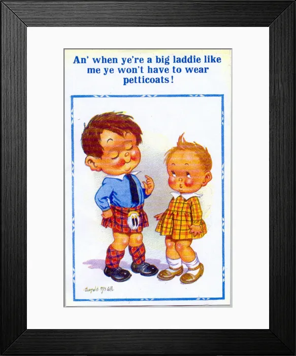 Framed Print : Comic postcard, Scottish boy in a kilt Date: 20th century Framed Print : Comic postcard, Scottish boy in a kilt Date: 20th century