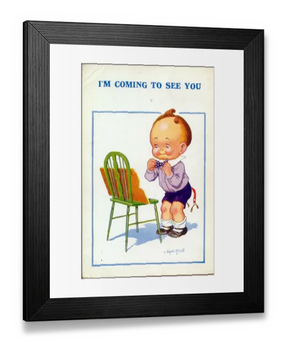 Framed Print : Comic postcard, Little boy getting ready to go out Date: 20th century Framed Print : Comic postcard, Little boy getting ready to go out Date: 20th century