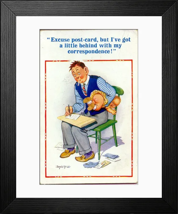 Framed Print : Comic postcard, father with baby, writing a card Date: 20th century Framed Print : Comic postcard, father with baby, writing a card Date: 20th century