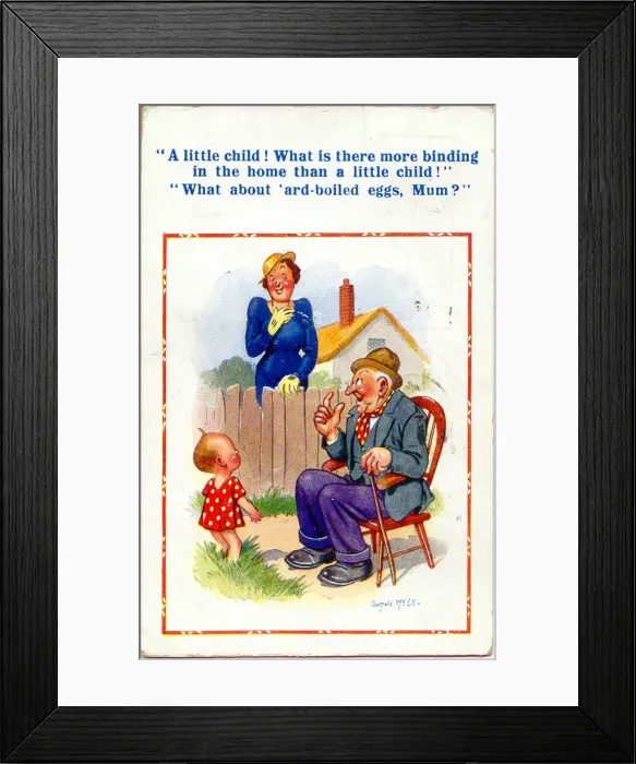 Framed Print : Comic postcard, Neighbours chat over garden fence - woman and old man Date Framed Print : Comic postcard, Neighbours chat over garden fence - woman and old man Date