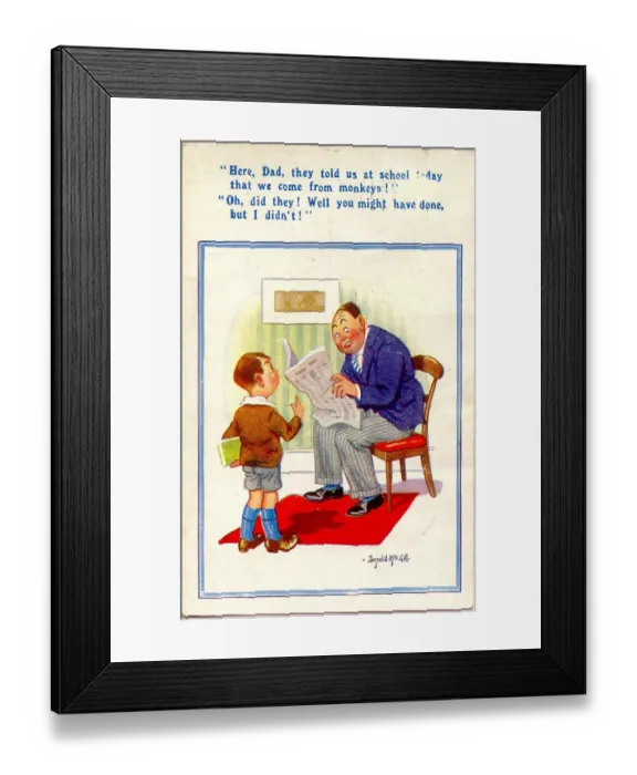 Framed Print : Comic postcard, Father and son discuss evolution Framed Print : Comic postcard, Father and son discuss evolution