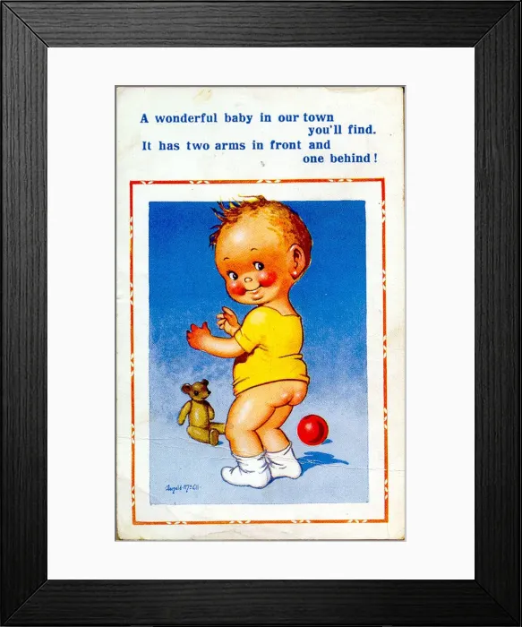 Framed Print : Comic postcard, Toddler with teddy bear and ball Date: 20th century Framed Print : Comic postcard, Toddler with teddy bear and ball Date: 20th century