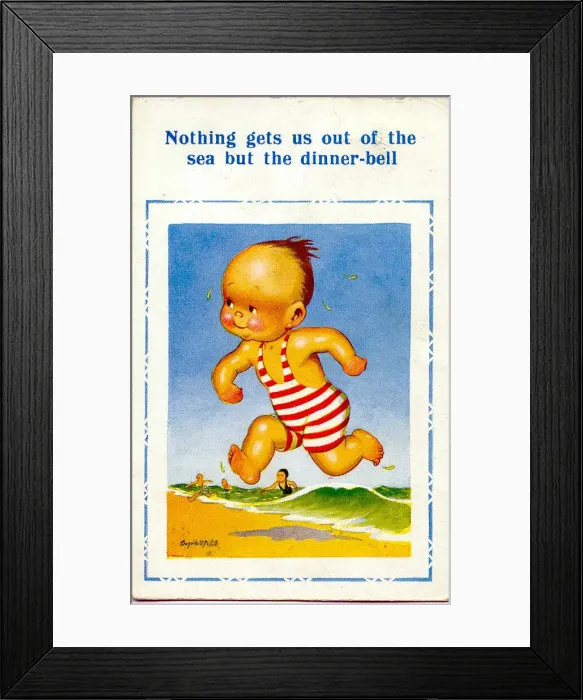 Framed Print : Comic postcard, Little boy running out of the sea for dinner Date: 20th century Framed Print : Comic postcard, Little boy running out of the sea for dinner Date: 20th century