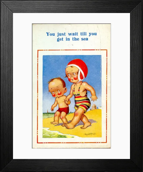 Framed Print : Comic postcard, Little boy and girl on the beach - wait till you get in the sea Date Framed Print : Comic postcard, Little boy and girl on the beach - wait till you get in the sea Date