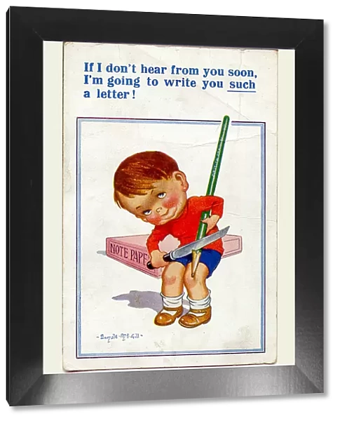 Comic postcard, Little boy sharpening large pencil Date: 20th century