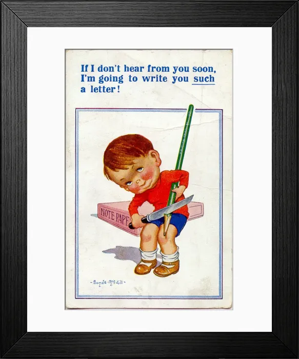 Framed Print : Comic postcard, Little boy sharpening large pencil Date: 20th century Framed Print : Comic postcard, Little boy sharpening large pencil Date: 20th century
