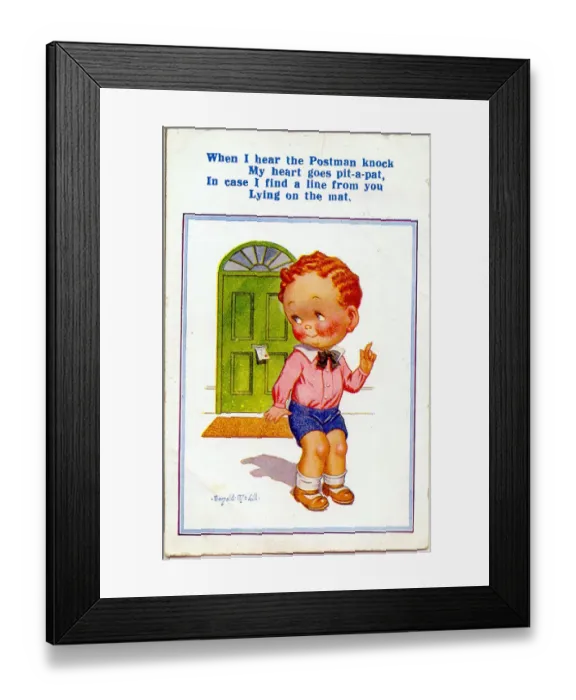 Framed Print : Comic postcard, Little boy expecting a letter from someone special Date: 20th century Framed Print : Comic postcard, Little boy expecting a letter from someone special Date: 20th century