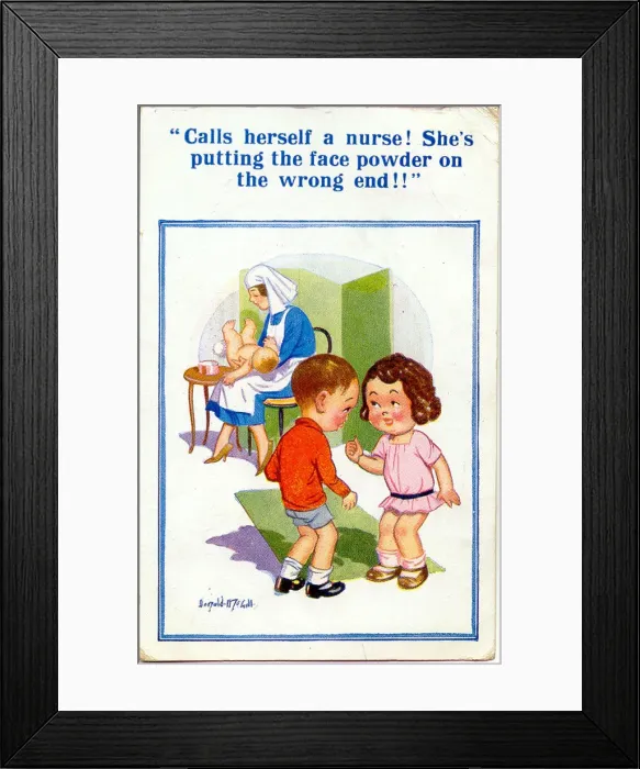 Framed Print : Comic postcard, Girl and boy, nurse and baby Framed Print : Comic postcard, Girl and boy, nurse and baby
