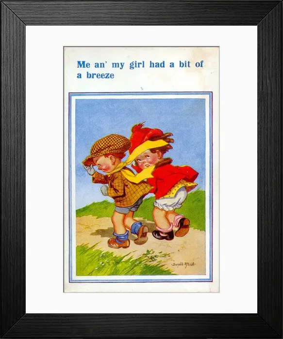 Framed Print : Comic postcard, Boy and girl walking on a windy day Date: 20th century Framed Print : Comic postcard, Boy and girl walking on a windy day Date: 20th century