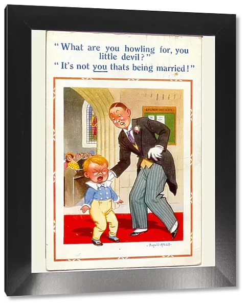 Comic postcard, Bridegroom and little boy in church