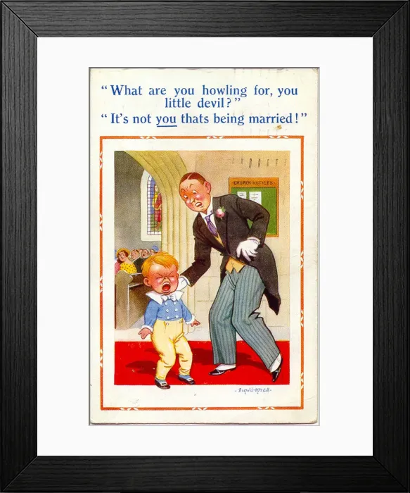 Framed Print : Comic postcard, Bridegroom and little boy in church Framed Print : Comic postcard, Bridegroom and little boy in church
