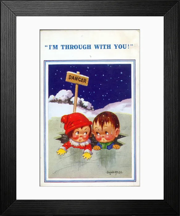 Framed Print : Comic postcard, Boy and girl fallen through the ice Date: 20th century Framed Print : Comic postcard, Boy and girl fallen through the ice Date: 20th century