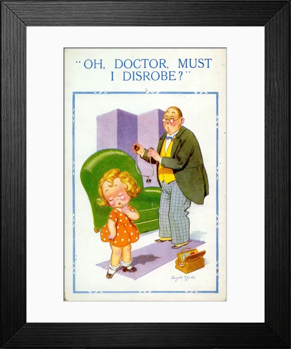 Framed Print : Comic postcard, Little girl at the doctors Date: 20th century Framed Print : Comic postcard, Little girl at the doctors Date: 20th century