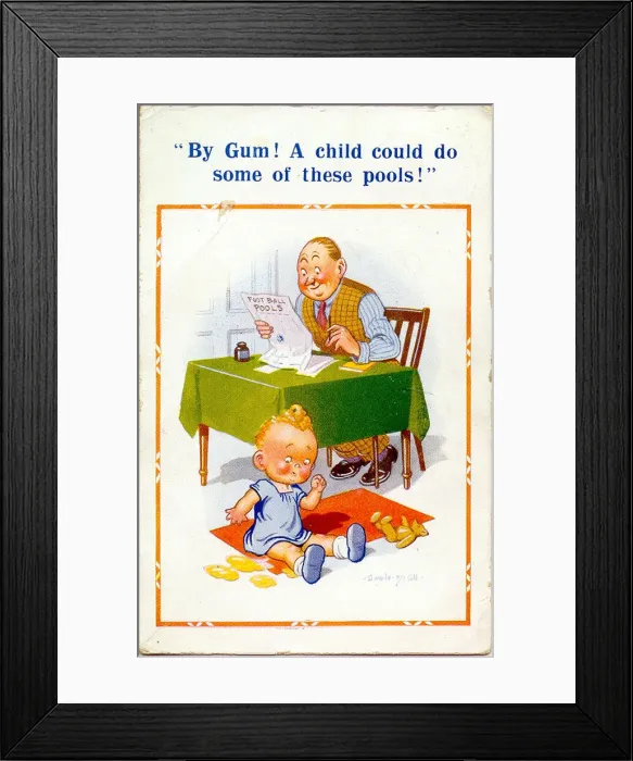 Framed Print : Comic postcard, Father and son doing the pools