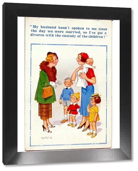 Comic postcard, Woman with four children getting divorced Date: 20th century