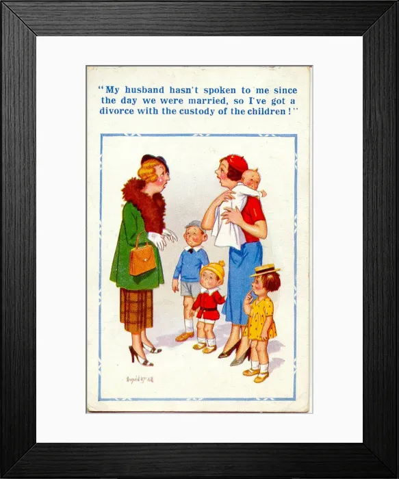 Framed Print : Comic postcard, Woman with four children getting divorced Date: 20th century Framed Print : Comic postcard, Woman with four children getting divorced Date: 20th century