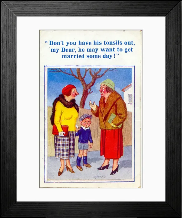 Framed Print : Comic postcard, Women in street with boy Date: 20th century Framed Print : Comic postcard, Women in street with boy Date: 20th century
