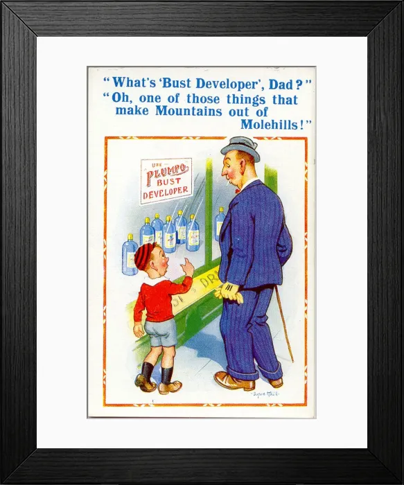 Framed Print : Comic postcard, Father and son, shop window Framed Print : Comic postcard, Father and son, shop window