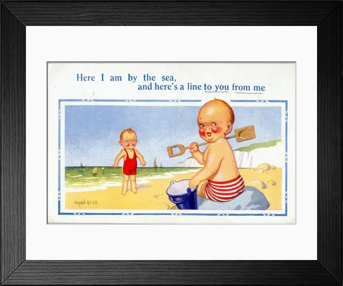 Framed Print : Comic postcard, Little boys on the beach Date: 20th century Framed Print : Comic postcard, Little boys on the beach Date: 20th century