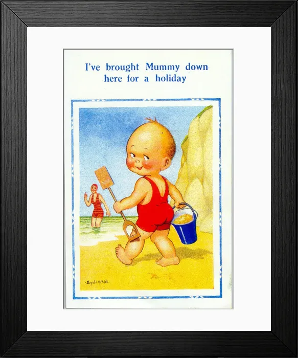 Framed Print : Comic postcard, Little boy on the beach with bucket and spade Date: 20th century