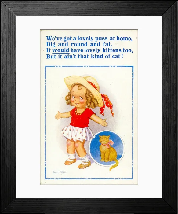 Framed Print : Comic postcard, Little girl with cat Date: 20th century Framed Print : Comic postcard, Little girl with cat Date: 20th century