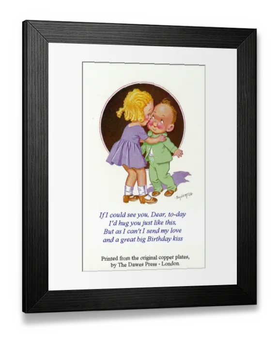 Framed Print : Birthday postcard, Little girl kissing little boy Date: 20th century Framed Print : Birthday postcard, Little girl kissing little boy Date: 20th century