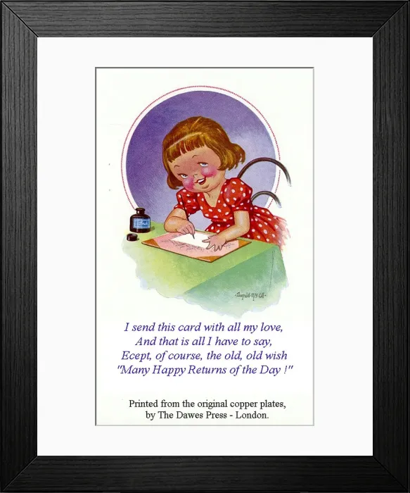 Framed Print : Birthday postcard, Little girl writing a card Date: 20th century Framed Print : Birthday postcard, Little girl writing a card Date: 20th century