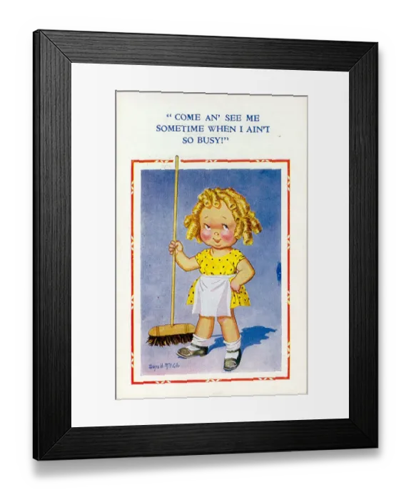 Framed Print : Comic postcard, Little girl with sweeping brush Date: 20th century Framed Print : Comic postcard, Little girl with sweeping brush Date: 20th century