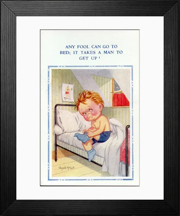 Framed Print : Postcard, Little boy getting out of bed in the morning Date: 20th century Framed Print : Postcard, Little boy getting out of bed in the morning Date: 20th century