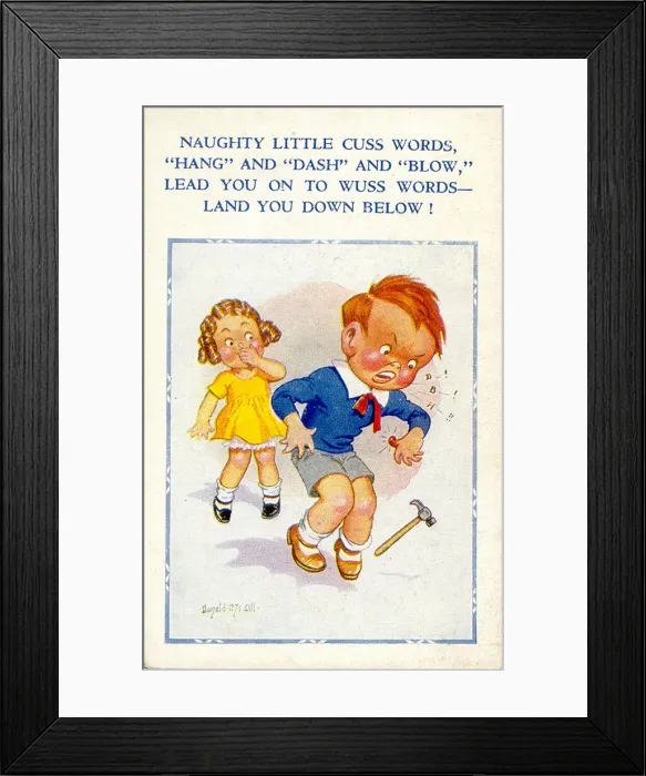 Framed Print : Comic postcard, Boy swearing in front of girl Date: 20th century Framed Print : Comic postcard, Boy swearing in front of girl Date: 20th century