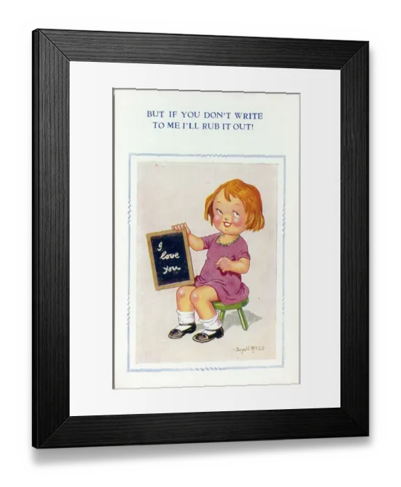 Framed Print : Comic postcard, Little girl with slate Date: 20th century Framed Print : Comic postcard, Little girl with slate Date: 20th century