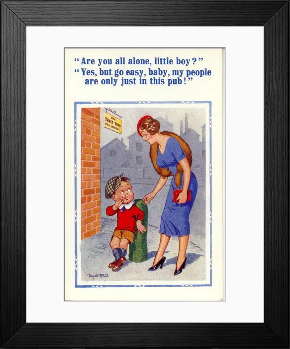 Framed Print : Comic postcard, Woman and boy outside a pub Date: 20th century Framed Print : Comic postcard, Woman and boy outside a pub Date: 20th century