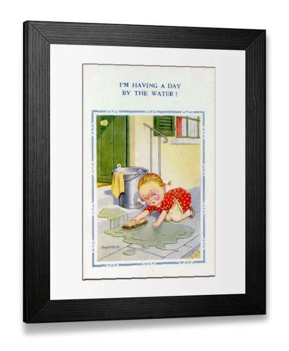 Framed Print : Comic postcard, Little girl scrubbing the front step Date: 20th century Framed Print : Comic postcard, Little girl scrubbing the front step Date: 20th century