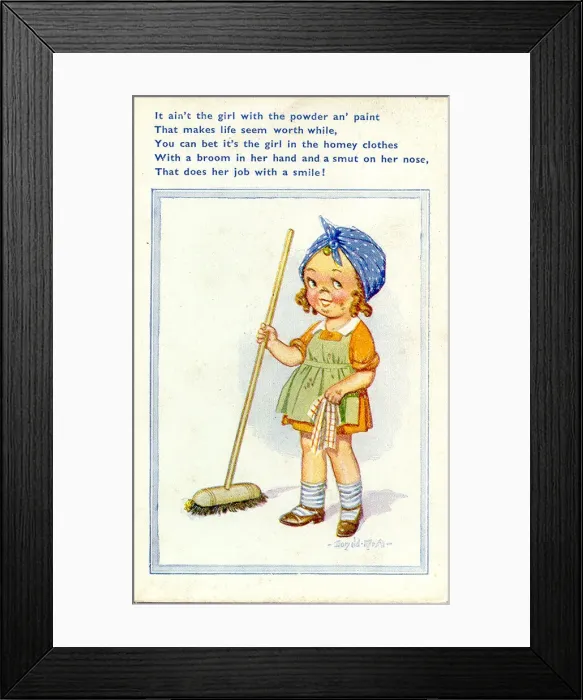 Framed Print : Comic postcard, Little girl with sweeping brush Date: 20th century Framed Print : Comic postcard, Little girl with sweeping brush Date: 20th century