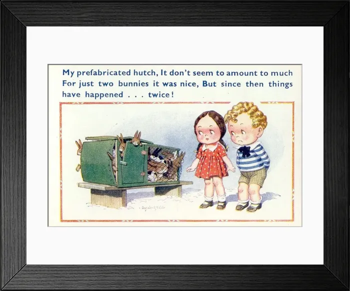 Framed Print : Comic postcard, Girl and boy with overflowing rabbit hutch Date: 20th century Framed Print : Comic postcard, Girl and boy with overflowing rabbit hutch Date: 20th century