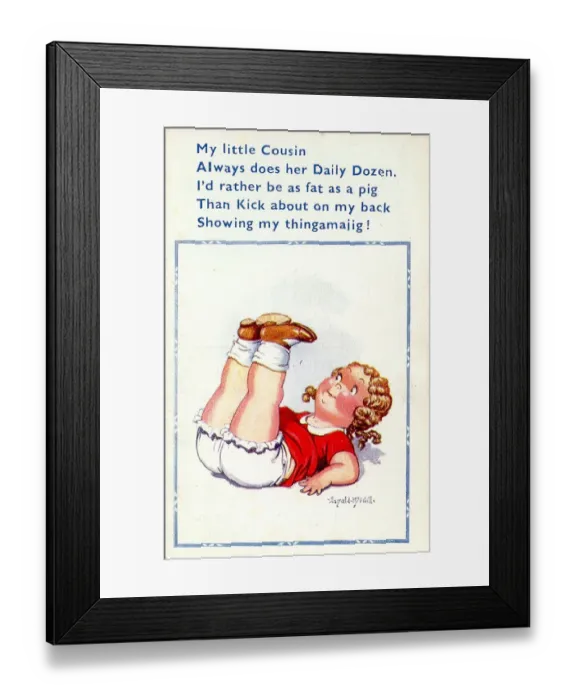 Framed Print : Comic postcard, Little girl exercising Date: 20th century Framed Print : Comic postcard, Little girl exercising Date: 20th century
