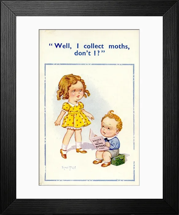 Framed Print : Comic postcard, Boy and girl with book - Advice to Young Mothers Date: 20th century Framed Print : Comic postcard, Boy and girl with book - Advice to Young Mothers Date: 20th century