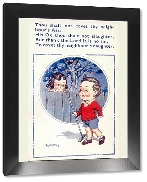 Comic postcard, Boy and girl, garden fence