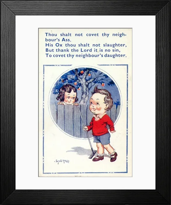 Framed Print : Comic postcard, Boy and girl, garden fence