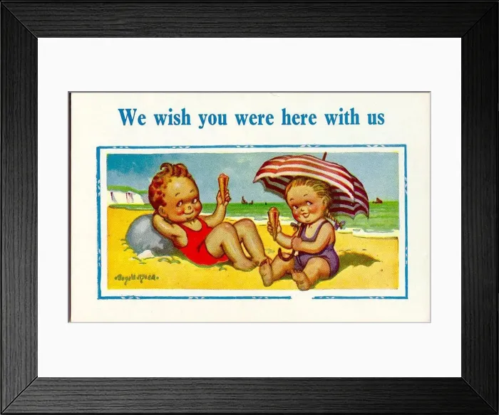 Framed Print : Comic postcard, Little boy and girl on the beach with ice creams Date: 20th century Framed Print : Comic postcard, Little boy and girl on the beach with ice creams Date: 20th century
