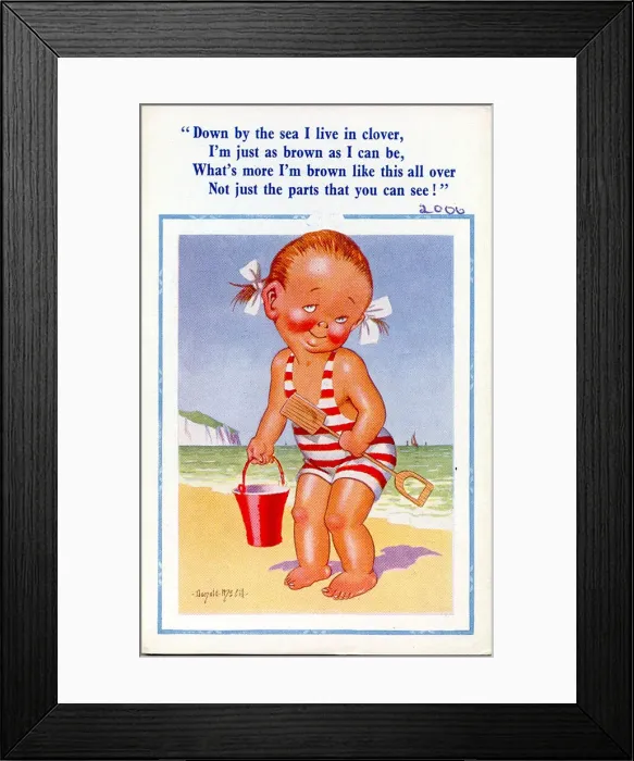 Framed Print : Comic postcard, Little girl on the beach with bucket and spade Date: 20th century Framed Print : Comic postcard, Little girl on the beach with bucket and spade Date: 20th century