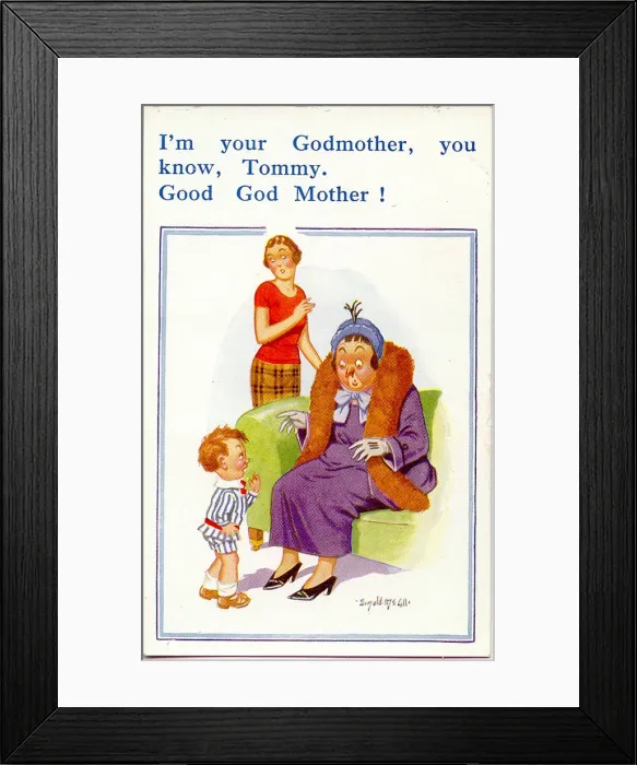 Framed Print : Comic postcard, Little boy meets his godmother Framed Print : Comic postcard, Little boy meets his godmother